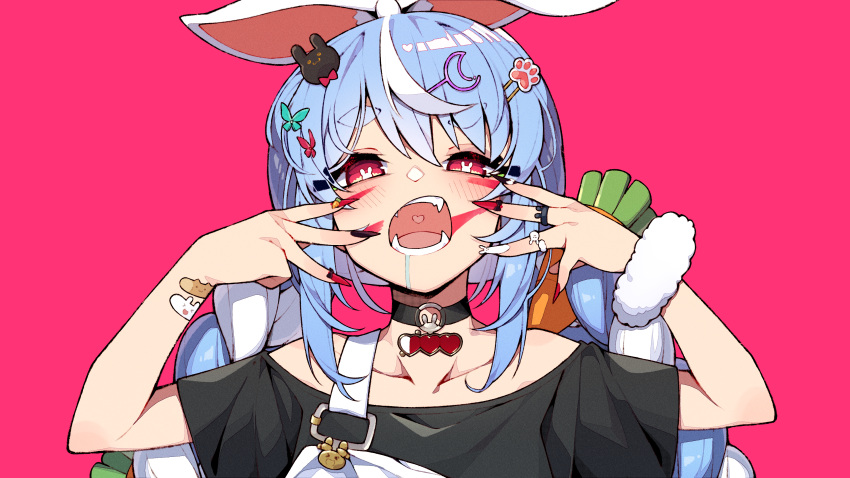 1girl absurdres animal_(vocaloid) animal_ears bandaid bandaid_on_arm black_choker black_nails black_shirt blue_hair bright_pupils brown_eyes bunny_hair_ornament choker collarbone commentary fangs hair_ornament hands_on_own_face highres hololive jewelry o-ring o-ring_choker open_mouth pink_background portrait rabbit_ears rabbit_girl red_nails ring saliva shirt solo symbol-shaped_pupils unexistarts usada_pekora virtual_youtuber white_pupils
