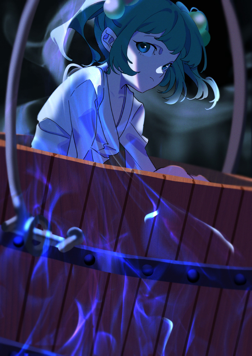 1girl bucket closed_mouth collarbone commentary eyebrows_behind_hair frown green_eyes green_hair hair_bobbles hair_ornament highres kisume long_sleeves looking_at_viewer mizoreshi shirt short_twintails sideways_glance solo touhou twintails upper_body white_shirt wooden_bucket