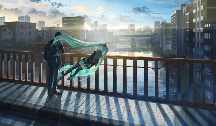 1boy 1girl absurdres aqua_hair arms_behind_back backpack bag bare_shoulders black_hair black_legwear black_necktie black_pants black_skirt black_sleeves black_suit bridge building business_suit city clouds cloudy_sky commentary covered_face detached_sleeves earphones floating formal from_behind grey_shirt hair_ornament hataya hatsune_miku highres holding holding_phone listening_to_music long_hair looking_at_another miniskirt morning necktie outdoors own_hands_together pants phone pleated_skirt river salaryman scenery shadow shirt skirt sky sleeveless sleeveless_shirt suit thigh-highs twintails very_long_hair vocaloid zettai_ryouiki