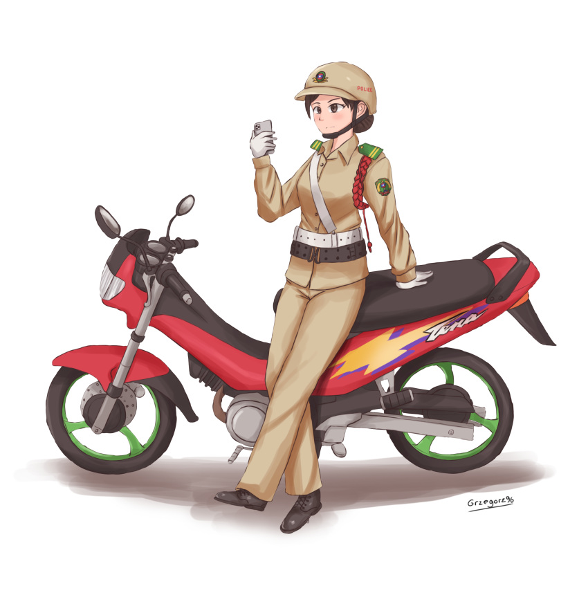 1girl absurdres brown_hair cellphone chin_strap gloves ground_vehicle grzegorz1996 helmet highres motor_vehicle motorcycle original phone police police_uniform policewoman smartphone uniform white_gloves