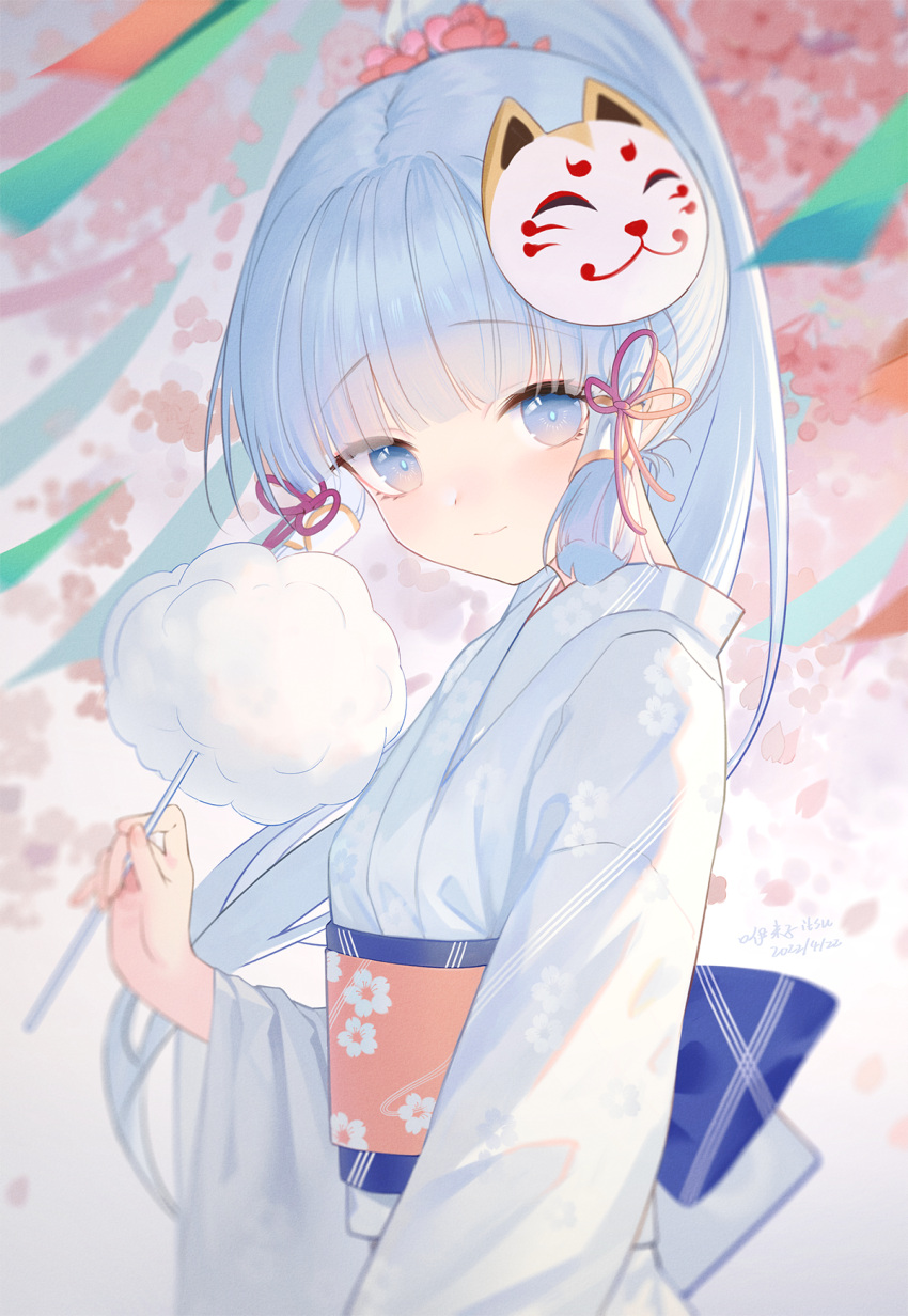 1girl bangs blue_eyes blue_hair blunt_bangs blunt_ends blurry blush cherry_blossoms closed_mouth cotton_candy dated depth_of_field floating_hair floral_print flower food fox_mask from_side genshin_impact hair_flower hair_ornament hair_ribbon hand_up high_ponytail highres holding holding_food japanese_clothes kamisato_ayaka kimono long_hair long_sleeves looking_at_viewer looking_to_the_side mask mask_on_head ookamisama paper petals pink_flower ponytail ribbon sidelocks smile solo tress_ribbon white_background white_kimono wide_sleeves wind yukata