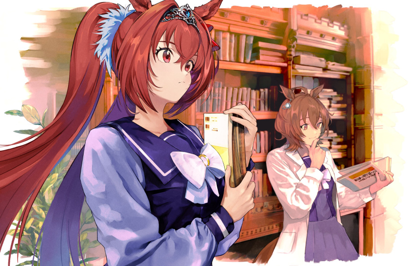 2girls absurdres agnes_tachyon_(umamusume) ahoge animal_ears bangs book bookshelf bow bowtie brown_hair chemical_structure commentary_request daiwa_scarlet_(umamusume) ear_bow earrings from_side hair_between_eyes hair_intakes hand_on_own_chin highres holding holding_book horse_ears horse_girl jewelry labcoat library long_hair long_sleeves mikedate multiple_girls orange_eyes outside_border plant pleated_skirt potted_plant puffy_long_sleeves puffy_sleeves reading sailor_collar school_uniform scrunchie serafuku short_hair single_earring skirt stroking_own_chin tiara tracen_school_uniform twintails umamusume upper_body very_long_hair white_bow white_bowtie