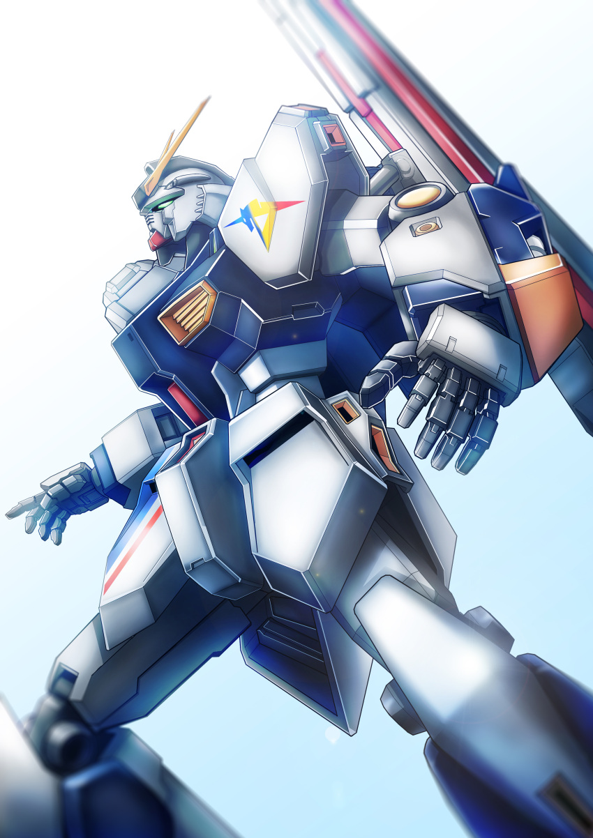 absurdres blue_background char's_counterattack emblem english_commentary gradient gradient_background green_eyes gundam highres looking_to_the_side mecha mobile_suit no_humans nu_gundam nu_gundam_(rx-93ff) open_hands science_fiction solo sunflower_(tomodog422) two-tone_background v-fin white_background