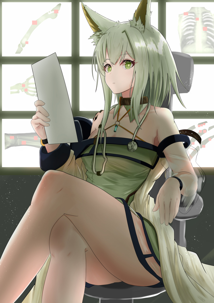 1girl absurdres animal_ear_fluff animal_ears arknights breasts cat_ears chair collar commentary_request crossed_legs dress green_dress green_eyes green_hair highres holding holding_paper kal'tsit_(arknights) medium_breasts medium_hair off-shoulder_dress off-shoulder_jacket off_shoulder office_chair oripathy_lesion_(arknights) paper reading see-through see-through_sleeves sitting solo sora_mame_(princess_0sora) stethoscope x-ray