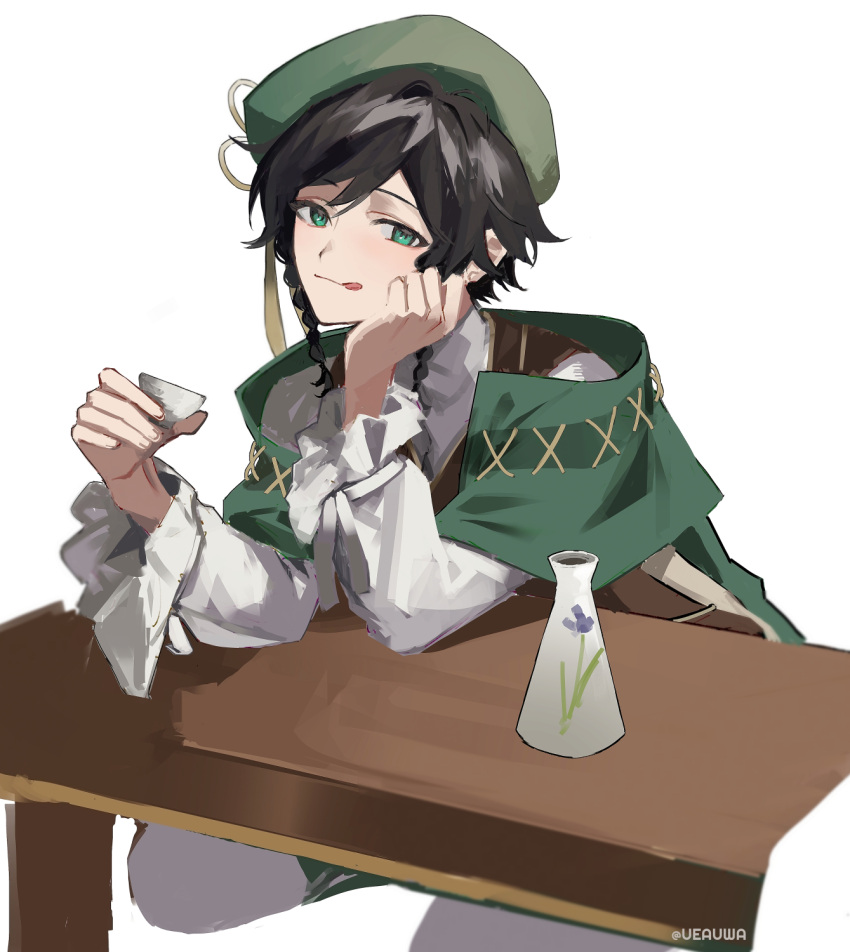 1boy :q beret black_hair bottle braid commentary_request cup frilled_sleeves frills genshin_impact green_eyes green_headwear green_shorts hat highres holding holding_cup juliet_sleeves long_sleeves looking_at_viewer official_alternate_costume puffy_sleeves sakazuki sake_bottle seiza shorts side_braids sitting table tassel thigh-highs tongue tongue_out twin_braids ueauwa venti_(genshin_impact) white_legwear wooden_table