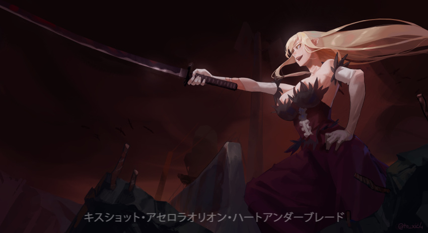 1girl absurdres backless_dress backless_outfit blonde_hair breasts dress elbow_gloves gloves hand_on_hip highres holding holding_sword holding_weapon katana kiss-shot_acerola-orion_heart-under-blade kizumonogatari large_breasts long_hair monogatari_(series) pointy_ears red_dress solo sword toxic_(pixiv54732505) translation_request weapon yellow_eyes