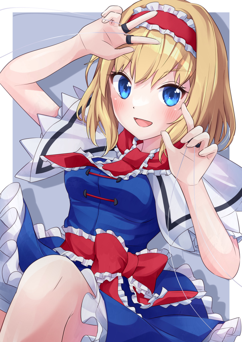 absurdres alice_margatroid ascot blonde_hair blue_bow blue_dress blue_eyes bow bowtie capelet dress frilled_ascot frills hair_bow hairband highres lolita_hairband puffy_short_sleeves puffy_sleeves ramie_(ramie541) red_ascot red_bow red_hairband revision short_hair short_sleeves touhou
