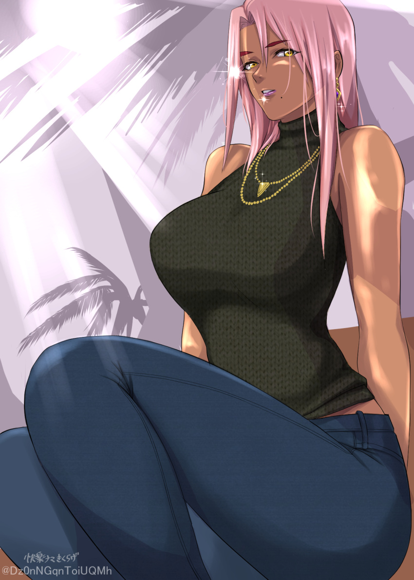 1girl alternate_costume artist_name black_sweater breasts casual dark-skinned_female dark_skin denim earrings feet_out_of_frame from_side gold highres ingrid_(taimanin_murasaki) jeans jewelry kairaku_namakikurage large_breasts long_hair looking_at_viewer necklace pants pink_hair sleeveless sleeveless_sweater solo sweater taimanin_(series) taimanin_murasaki yellow_eyes