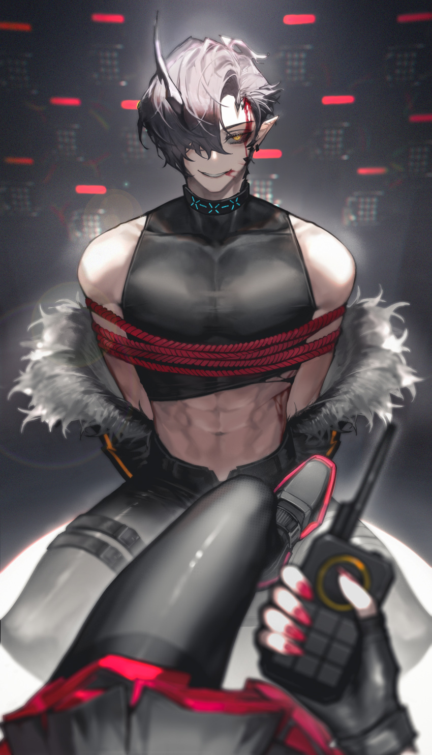 1boy 1girl abs absurdres arknights bangs black_gloves black_hair black_legwear black_pants blood blood_on_face eyebrows_visible_through_hair fingerless_gloves flamebringer_(arknights) gloves hair_between_eyes hair_over_one_eye highres holding_walkie-talkie horns muscular muscular_male nail_polish open_mouth pants pantyhose pointy_ears red_nails rhine_(overtonerhine) short_hair simple_background single_horn smile teeth_hold w_(arknights) yellow_eyes