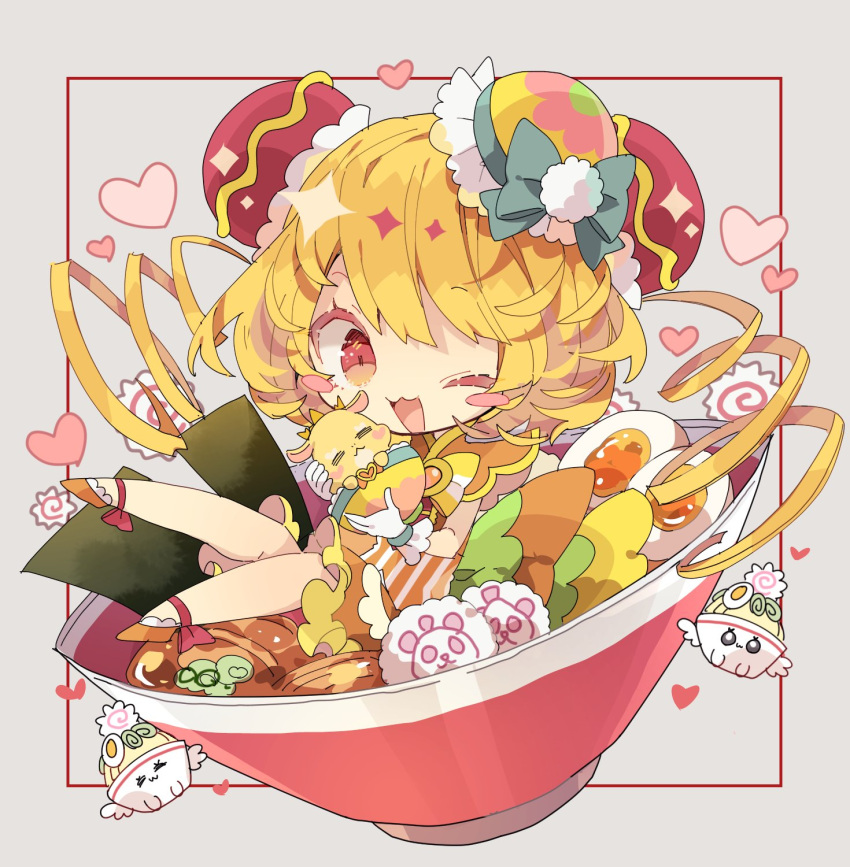 1girl ;3 ;d bangs blonde_hair blush blush_stickers bow chibi copyright_request dress eyebrows_visible_through_hair food grey_background happy heart highres looking_at_viewer nikorashi-ka one_eye_closed open_mouth red_eyes sitting smile solo striped