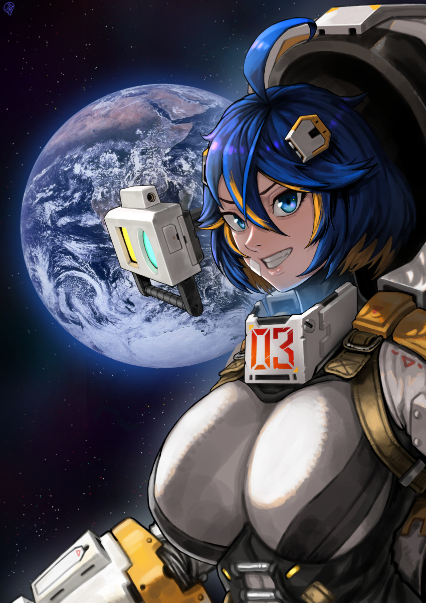 1girl absurdres ahoge blonde_hair blue_eyes blue_hair breasts earth_(planet) grin hair_between_eyes highres huge_ahoge large_breasts last_origin planet smile solo space spacesuit spartoia star_(sky) sukai