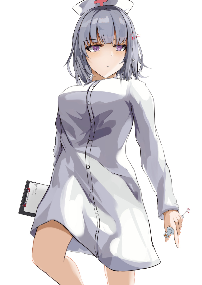 1girl absurdres alternate_costume bangs breasts closed_mouth eyebrows_visible_through_hair feet_out_of_frame girls_frontline grey_hair hat highres holding holding_notepad holding_syringe looking_away medium_breasts medium_hair notepad nurse nurse_cap rpk-16_(girls'_frontline) solo spxn7787 standing syringe violet_eyes white_background