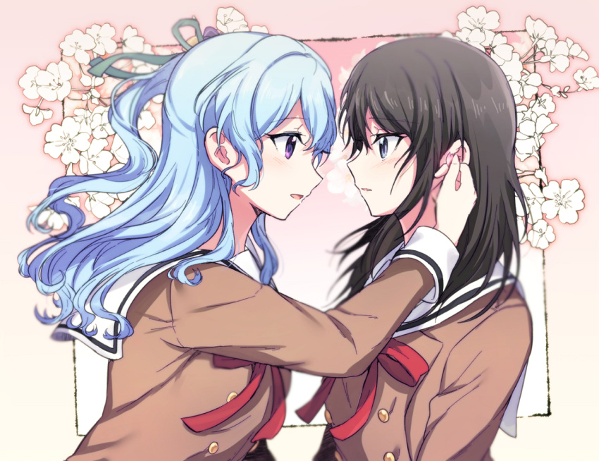 2girls aoiro_050 bang_dream! black_hair blush brown_dress buttons double-breasted dress eye_contact face-to-face grey_eyes hanasakigawa_school_uniform hand_in_another's_hair hello_happy_world! light_blue_hair long_hair long_sleeves looking_at_another matsubara_kanon medium_hair multiple_girls neck_ribbon neckerchief okusawa_misaki one_side_up red_ribbon ribbon sailor_dress school_uniform violet_eyes yuri