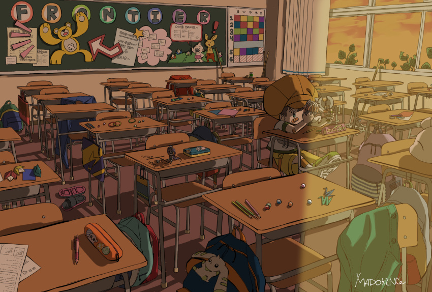 1boy bag blue_eyes brown_headwear chair character_request classroom clouds cloudy_sky curtains desk digimon digimon_(creature) digimon_frontier evening gradient_sky highres indoors male_focus on_desk orange_sky pencil playing scenery school school_bag school_chair school_desk sitting sky solo toy window wwrobo