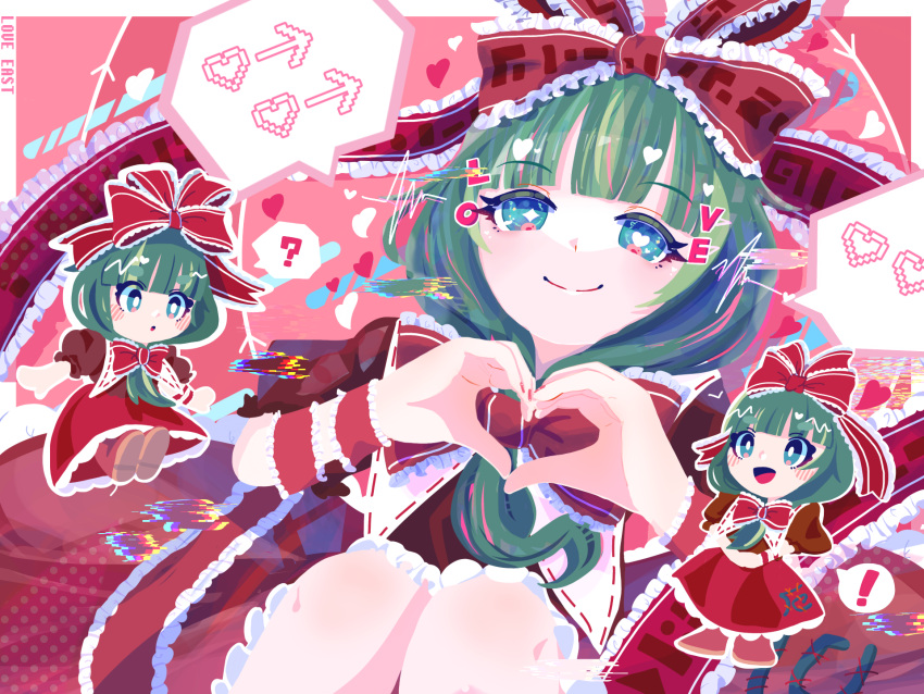 ! 1girl :d :o ? bangs blue_eyes blunt_bangs blush bow chibi closed_mouth commentary dress eyebrows_visible_through_hair frilled_bow frilled_ribbon frills front_ponytail green_hair hair_bow heart heart-shaped_pupils heart_hands highres kagiyama_hina long_hair looking_at_viewer mismatched_pupils multiple_views omame_sakana open_mouth puffy_short_sleeves puffy_sleeves red_bow red_dress red_footwear red_ribbon ribbon shoes short_sleeves smile song_name speech_bubble split_mouth spoken_exclamation_mark spoken_heart spoken_question_mark star-shaped_pupils star_(symbol) symbol-shaped_pupils touhou