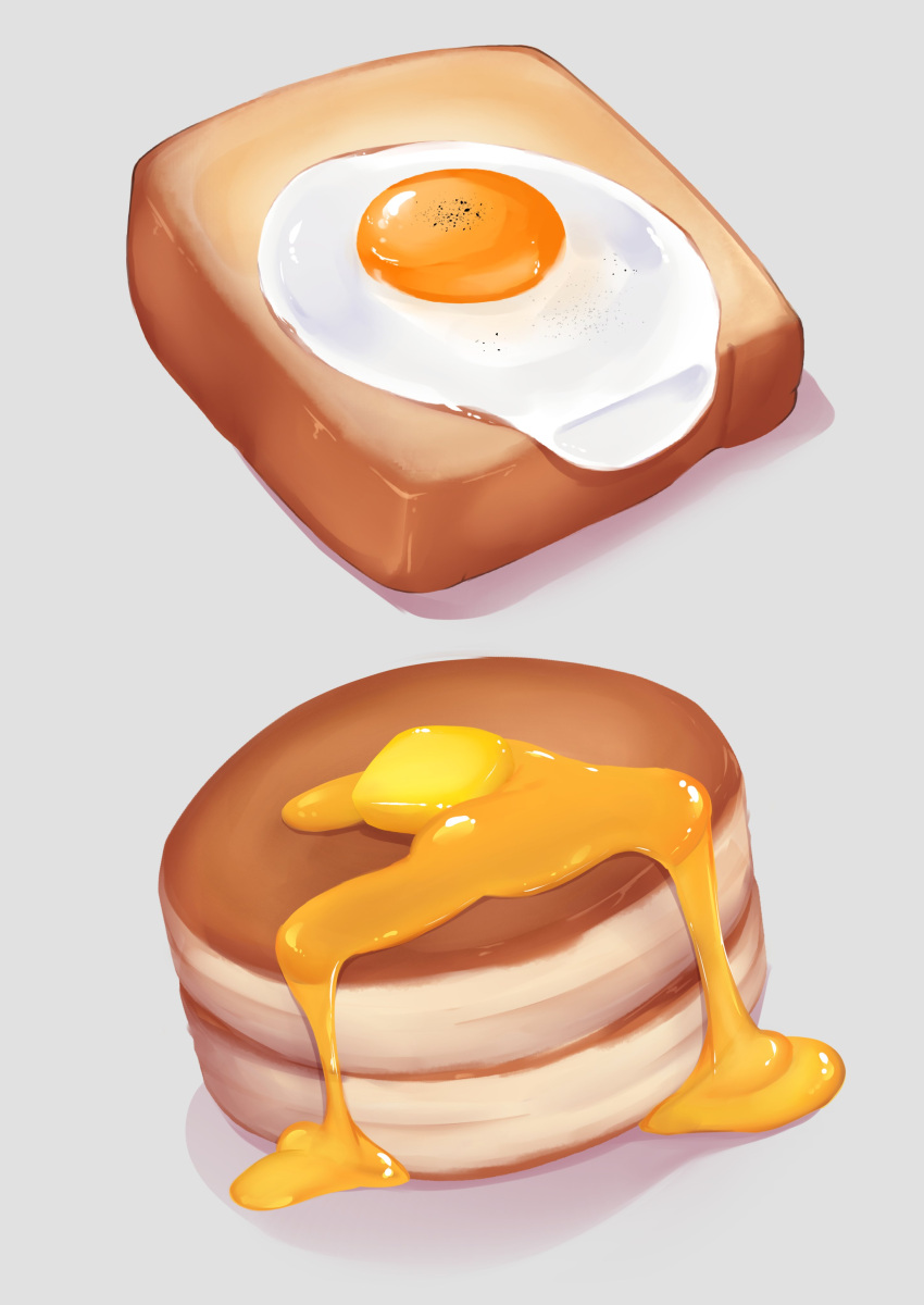 absurdres bread butter commentary egg_yolk english_commentary food food_focus fried_egg grey_background highres lyin no_humans original pancake pepper simple_background sketch still_life