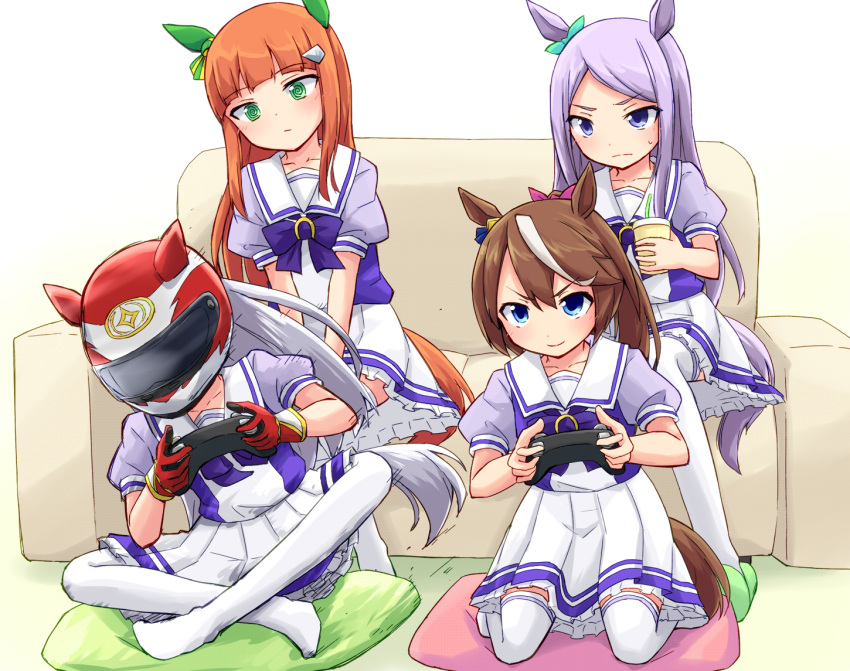 4girls animal_ears bangs blue_eyes bow bowtie brown_hair controller couch cushion drinking_straw frilled_skirt frills game_controller gold_ship_(umamusume) green_eyes hair_flaps helmet high_ponytail hime_cut horse_ears horse_girl horse_tail horseshoe_ornament kakizaki_(chou_neji) long_hair mejiro_mcqueen_(umamusume) miniskirt motorcycle_helmet multicolored_hair multiple_girls orange_hair playing_games pleated_skirt puffy_short_sleeves puffy_sleeves purple_bow purple_bowtie purple_hair purple_shirt sailor_collar sailor_shirt school_uniform serafuku shirt short_sleeves silence_suzuka_(umamusume) sitting skirt slippers streaked_hair summer_uniform swept_bangs tail thigh-highs tokai_teio_(umamusume) tracen_school_uniform tumbler two-tone_hair umamusume violet_eyes white_hair white_legwear white_skirt zabuton