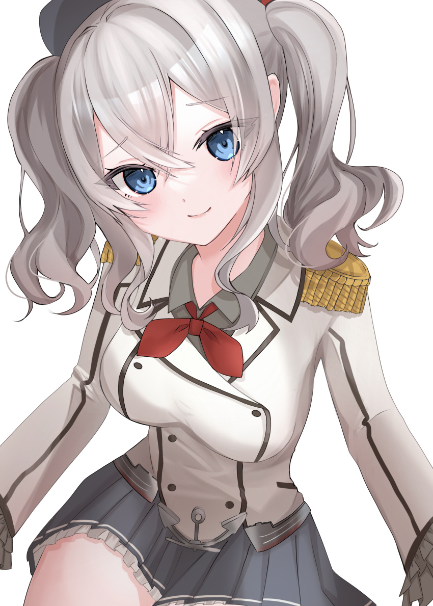 1girl absurdres beret black_headwear blue_eyes blush closed_mouth collared_shirt epaulettes grey_shirt grey_skirt hair_between_eyes hat highres jacket kantai_collection kashima_(kancolle) kerchief long_sleeves military military_uniform pleated_skirt shirt short_hair silver_hair simple_background skirt smile solo twintails uniform white_background white_jacket yoshino_(mfmfpng)