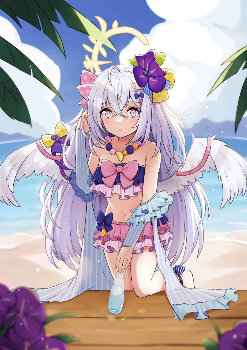 1girl absurdres ahoge anklet azusa_(blue_archive) azusa_(swimsuit)_(blue_archive) bangs bare_shoulders beach bead_necklace beads blue_archive blue_sky blurry bow clouds cloudy_sky commentary_request depth_of_field detached_sleeves eyebrows_visible_through_hair feathered_wings flower hair_between_eyes hair_bow hair_flower hair_ornament hair_ribbon halo highres horizon jewelry long_hair looking_at_viewer navel necklace ocean parted_lips ribbon sidelocks sky solo stomach ukai_(user_rvvf3458) violet_eyes white_hair white_wings wings wooden_floor