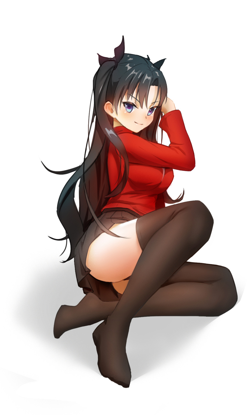 1girl absurdres bangs black_bow black_hair black_legwear black_panties black_skirt blue_eyes blush bow breasts closed_mouth fate/stay_night fate_(series) hair_between_eyes hair_bow highres large_breasts long_hair long_sleeves looking_at_viewer miniskirt panties pantyshot pleated_skirt red_shirt samizu_(tupy8752) shiny shiny_hair shirt simple_background sitting skirt smile solo thigh-highs tohsaka_rin twintails underwear very_long_hair white_background