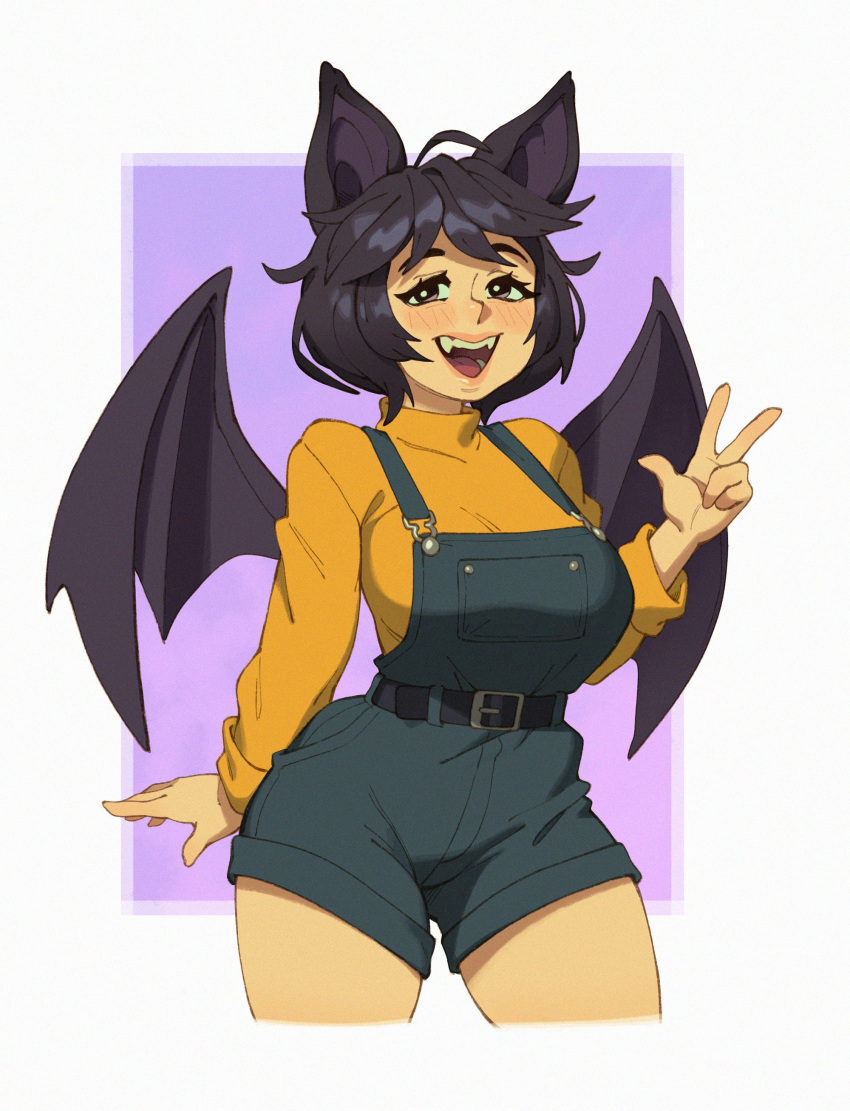 1girl absurdres animal_ears bat_ears bat_girl bat_wings belt black_belt black_hair blush borrowed_character breasts commission denim denim_shorts fangs highres large_breasts lips looking_at_viewer open_mouth original overall_shorts overalls riz short_hair shorts smile solo sweater teeth upper_teeth v wings yellow_sweater