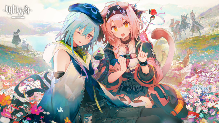 1boy 1girl :p animal_ears arknights cat_ears clouds commentary day english_commentary field flower flower_field goldenglow_(arknights) highres looking_at_viewer mizuki_(arknights) namie-kun one_eye_closed open_mouth outdoors pink_eyes pink_hair sky tongue tongue_out