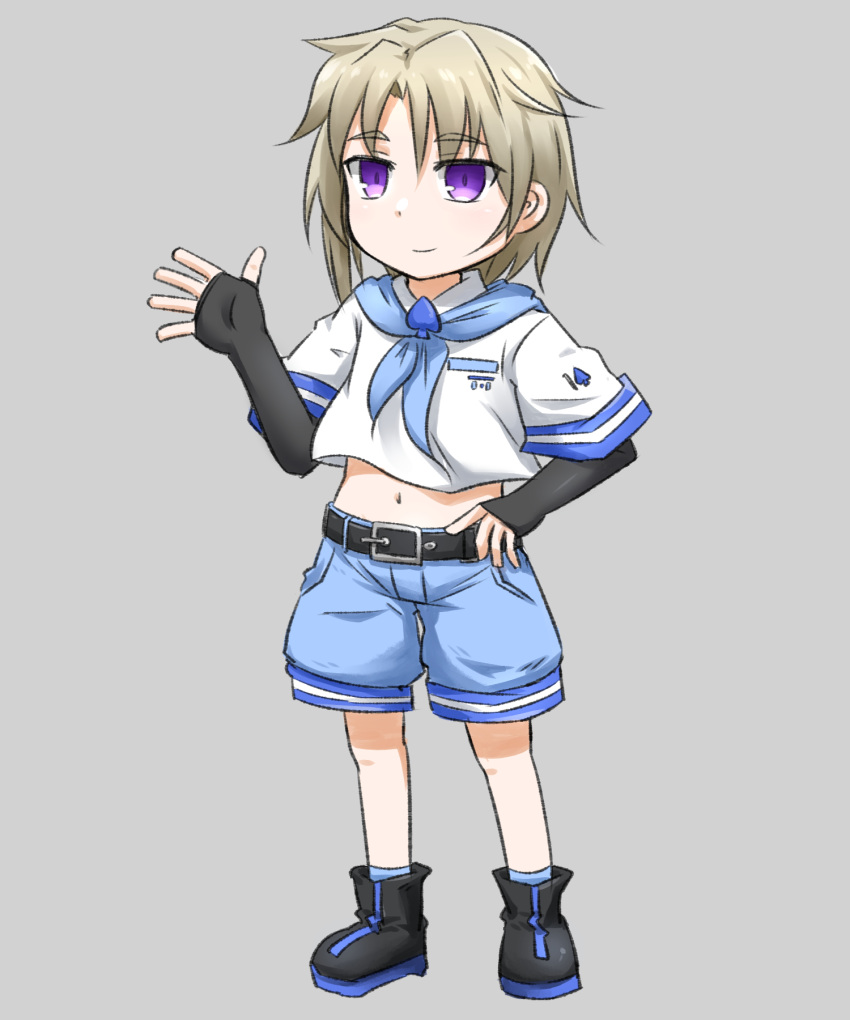 1boy bangs black_footwear black_gloves blue_legwear blue_neckerchief blue_shorts boots brown_hair closed_mouth elbow_gloves eyebrows_visible_through_hair fingerless_gloves full_body gloves grey_background hand_on_hip highres male_focus neckerchief neon-tetora parted_bangs shirt short_shorts short_sleeves shorts simple_background smile socks solo standing thick_eyebrows tsukuyomi_shouta violet_eyes voiceroid white_shirt