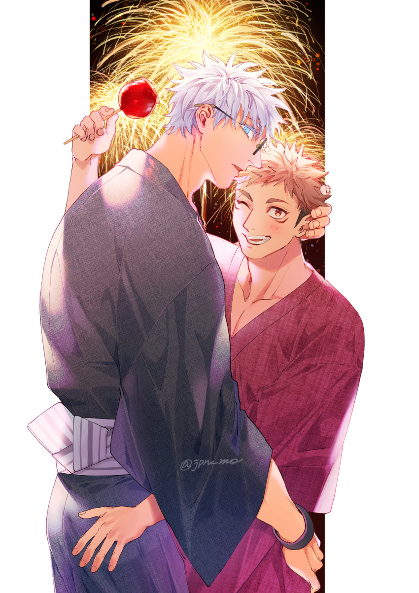 2boys bangs black_kimono blue_eyes blush bracelet brown_eyes brown_kimono ccccc_(jpn_m0) fireworks food gojou_satoru highres holding holding_food itadori_yuuji japanese_clothes jewelry jujutsu_kaisen kimono looking_at_viewer male_focus multiple_boys obi one_eye_closed pink_hair round_eyewear sash short_hair smile sunglasses teeth twitter_username white_hair wide_sleeves