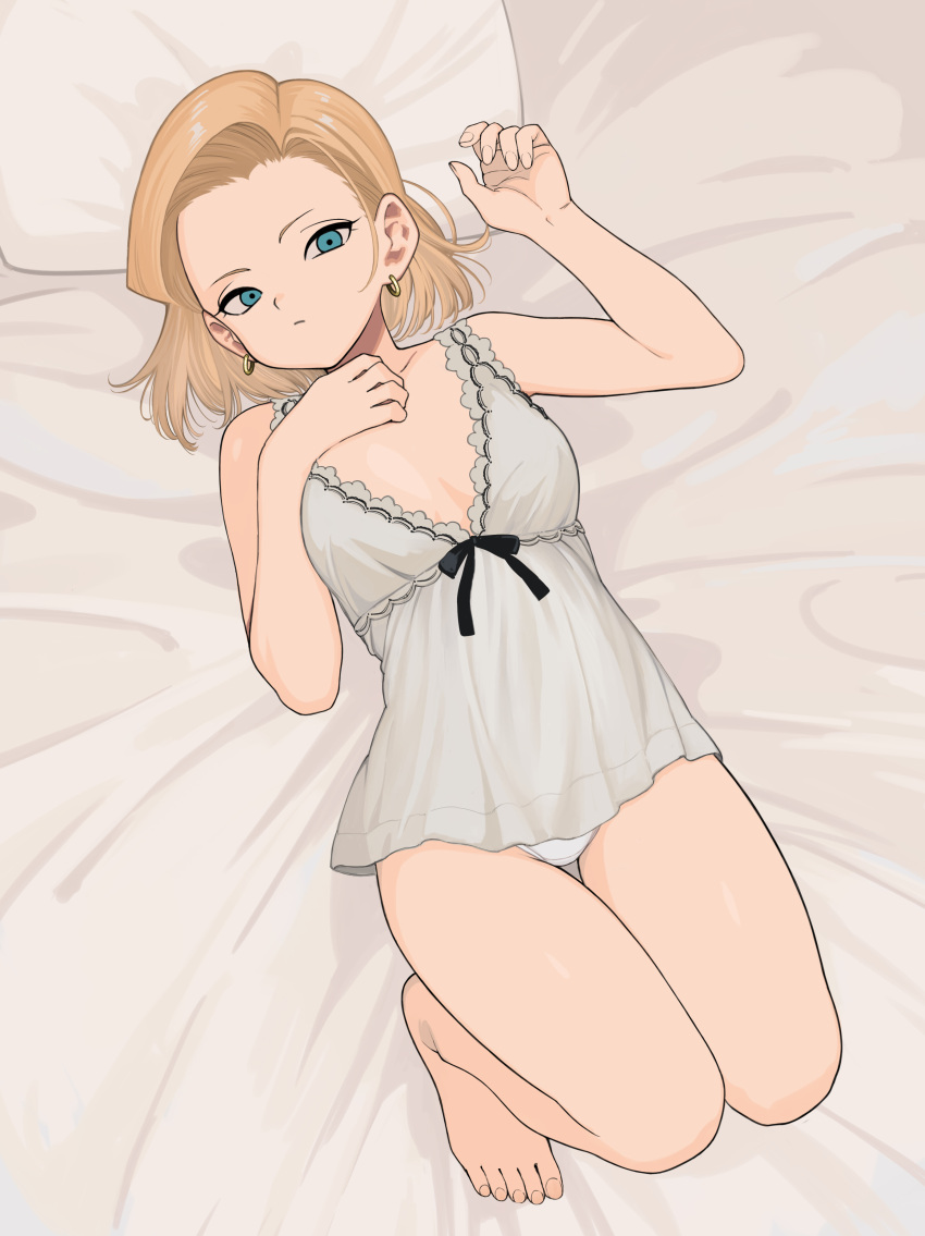 1girl absurdres alternate_costume android_18 barefoot blonde_hair blue_eyes breasts commentary dragon_ball earrings full_body hand_on_own_chest highres jewelry lingerie looking_at_viewer lying medium_breasts on_back rokoido12 short_hair solo underwear