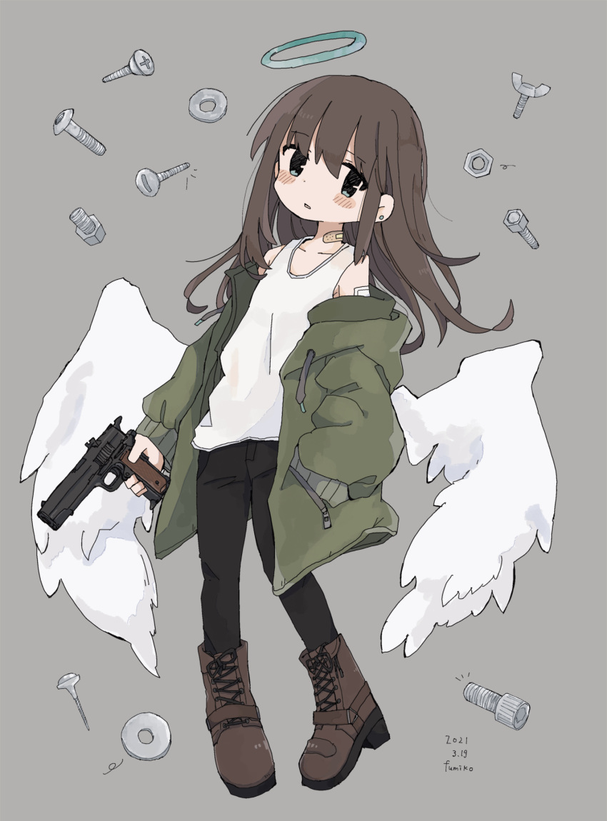 156m 1girl artist_name bandaid bandaid_on_neck black_pants bolt boots brown_footwear brown_hair commentary_request copyright_request dated earrings full_body green_eyes green_jacket grey_background gun halo highres holding holding_gun holding_weapon jacket jewelry long_hair long_sleeves looking_at_viewer nut_(hardware) off_shoulder open_clothes open_jacket pants simple_background solo stud_earrings tank_top washer weapon white_tank_top wings