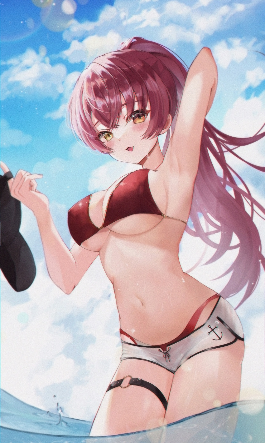 1girl 7d7y7 absurdres arm_behind_head arm_up armpits bangs bikini black_headwear blush breasts clouds cloudy_sky cowboy_shot day eyebrows_visible_through_hair fang hat hat_removed headwear_removed heterochromia highres holding holding_clothes holding_hat hololive houshou_marine large_breasts long_hair looking_at_viewer micro_shorts navel open_mouth outdoors ponytail red_bikini red_eyes redhead shorts sky smile solo standing stomach striped swimsuit thigh_strap very_long_hair virtual_youtuber wading wet white_shorts yellow_eyes