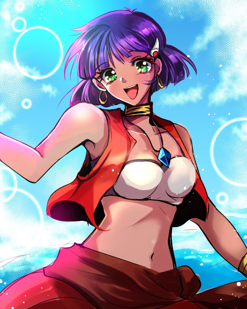 1girl any813 bracelet breasts dark-skinned_female dark_skin earrings fushigi_no_umi_no_nadia green_eyes hair_ornament hairclip highres jewelry looking_at_viewer midriff nadia_la_arwall navel neck_ring necklace open_mouth purple_hair short_hair smile solo strapless tube_top vest
