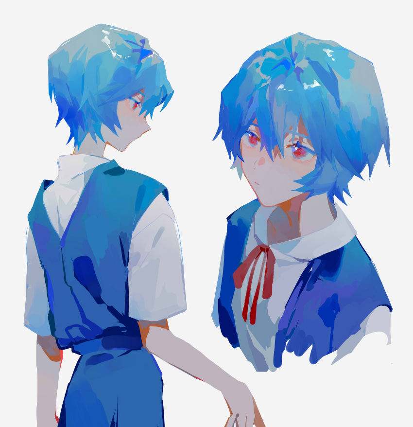 absurdres ayanami_rei blue_hair closed_mouth dual_persona highres mogutofuoes neck_ribbon neon_genesis_evangelion red_eyes ribbon school_uniform short_hair simple_background tokyo-3_middle_school_uniform_(evangelion) white_background