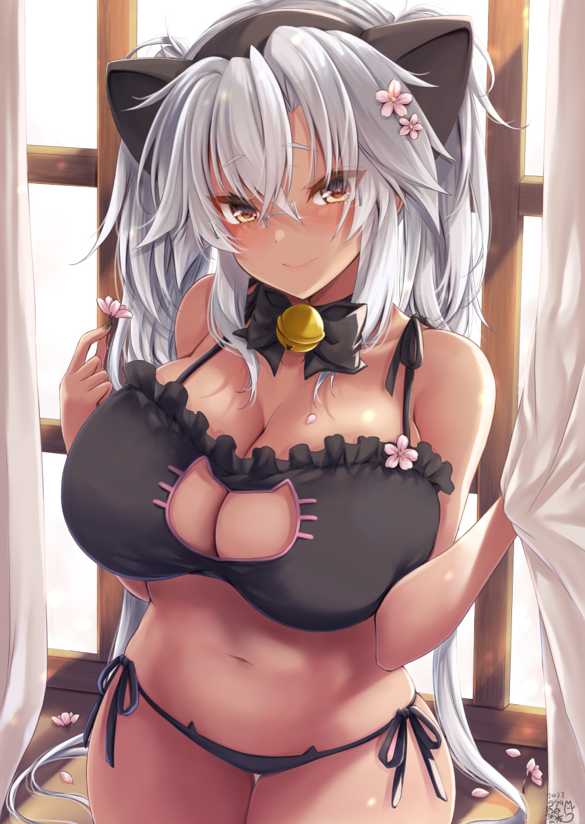 1girl absurdres animal_ears bell black_bra black_hairband black_underwear bra breasts brown_eyes cat_cutout cat_ears cat_lingerie cherry_blossoms choker clothing_cutout dark-skinned_female dark_skin eyebrows eyebrows_visible_through_hair fake_animal_ears glasses grey-framed_eyewear hairband highres kantai_collection large_breasts long_hair looking_at_viewer mashiro_yukiya meme_attire musashi_(kancolle) navel neck_bell panties platinum_blonde_hair side-tie_panties underwear underwear_only window