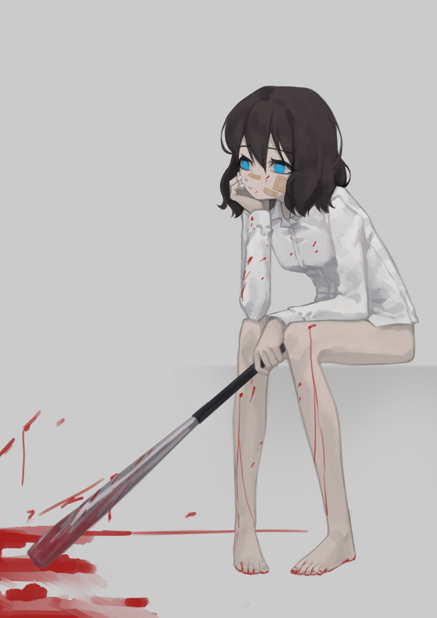 1girl absurdres bandaid bandaid_on_face bangs bare_legs barefoot baseball_bat blood blood_on_clothes blood_on_face blood_on_feet blood_on_ground blood_on_leg blood_on_wall blue_eyes bottomless brown_hair commentary_request full_body grey_background highres holding holding_baseball_bat holding_weapon long_sleeves medium_hair original shirt simple_background sitting solo weapon white_shirt yoon_cook