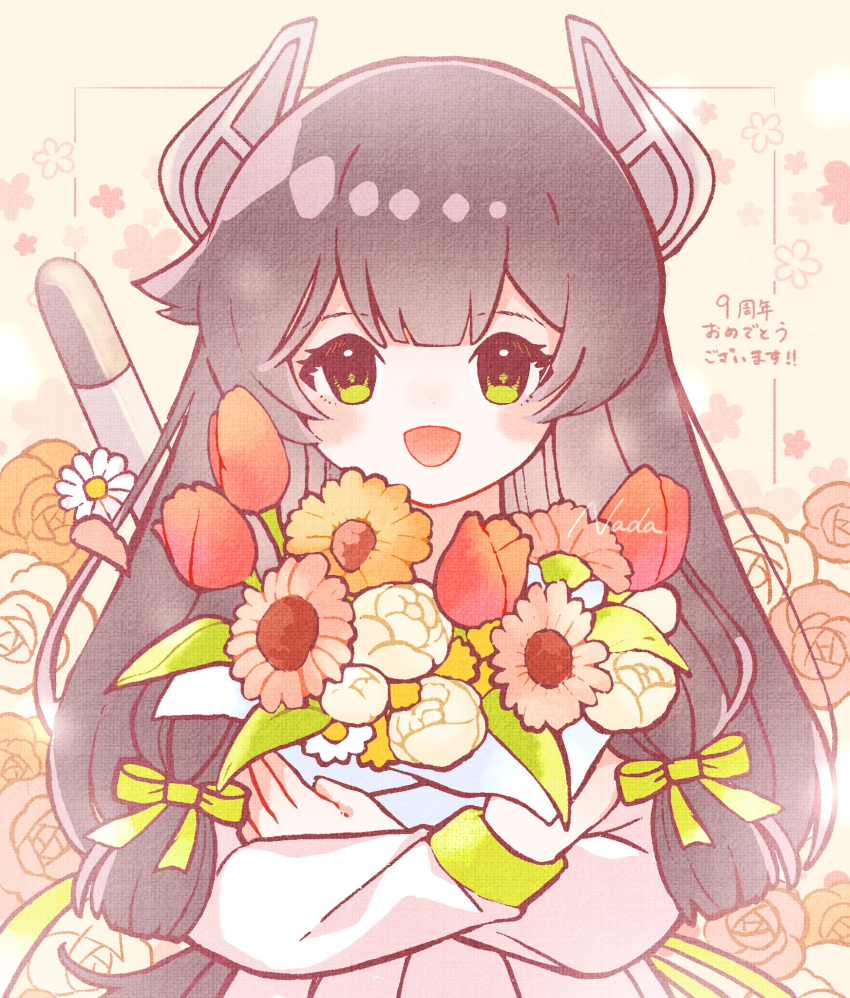 1girl anniversary bangs black_hair blush bouquet flower green_eyes green_ribbon hair_ribbon headgear highres i-47_(kancolle) kantai_collection long_hair long_sleeves looking_at_viewer nada_namie open_mouth orange_flower pink_flower red_flower ribbon rose signature simple_background solo torpedo tulip upper_body very_long_hair white_flower