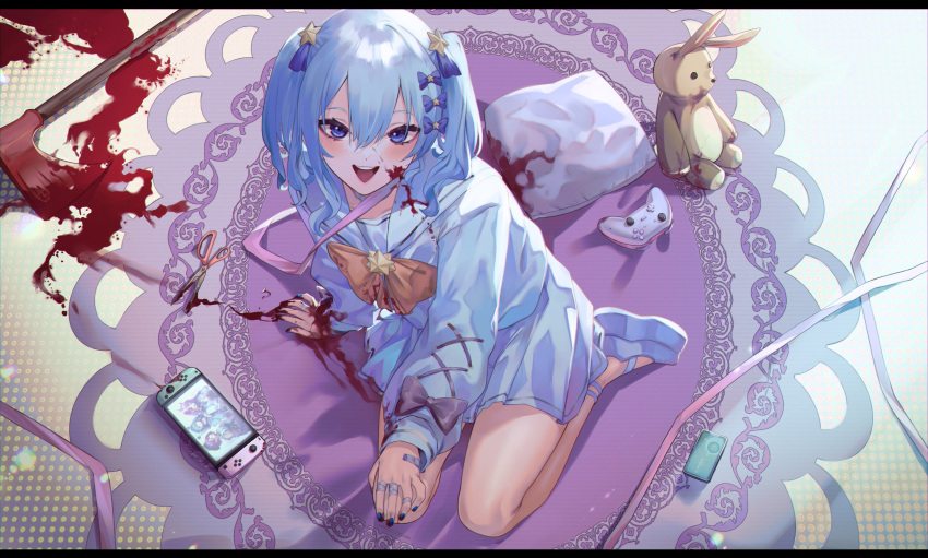1girl absurdres blood blood_on_axe blood_splatter controller eredhen from_above full_body game_controller highres hololive hoshimachi_suisei nintendo_switch scissors solo stuffed_animal stuffed_bunny stuffed_toy virtual_youtuber