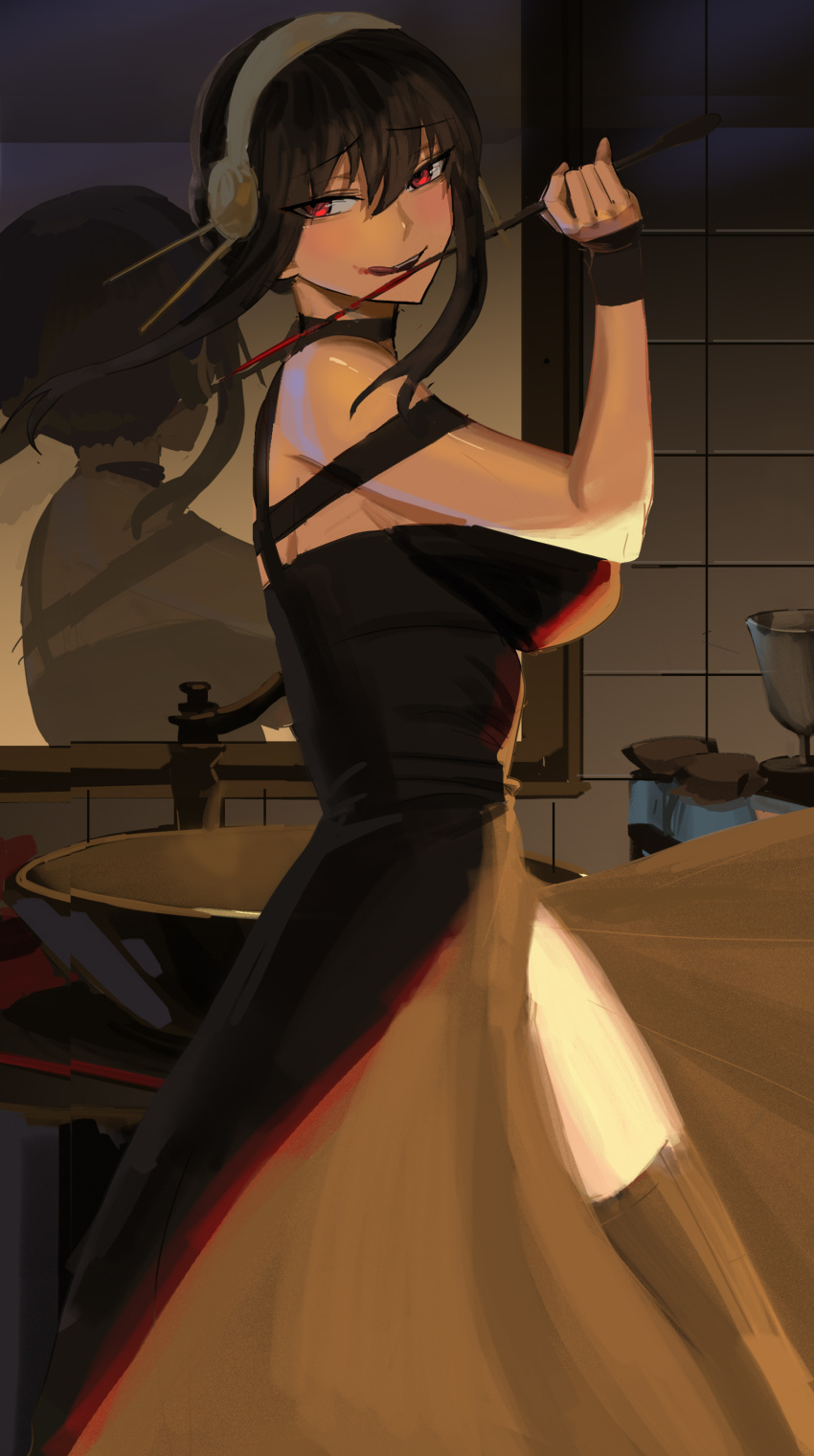 1girl absurdres bare_shoulders bathroom black_dress black_hair black_legwear blood blood_on_face blood_on_weapon breasts commentary dress hairband highres holding holding_weapon large_breasts light_blush long_hair looking_at_viewer mirror needle raised_eyebrows red_eyes sidelocks sink smile solo spy_x_family thigh-highs throwing_needles tile_wall tiles tseng-en weapon yor_briar