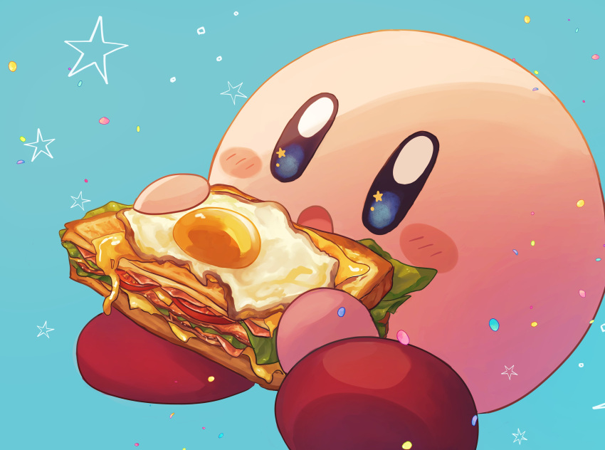 :o absurdres blue_background blue_eyes blush bread_slice bright_pupils cheese commentary eating food fried_egg highres holding holding_food kirby kirby_(series) lettuce open_mouth sandwich simple_background sliced_meat solo sparkle tomato vul3hl0smteyk1z white_pupils