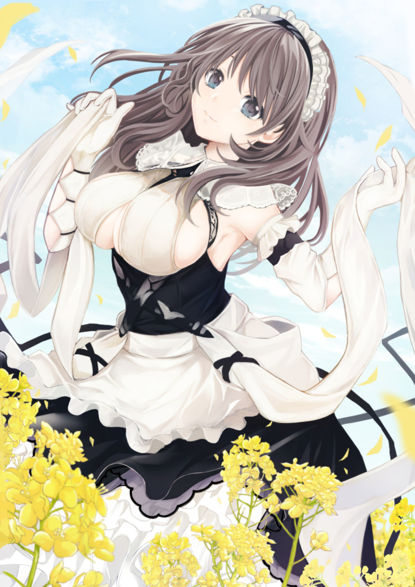 1girl apron azur_lane black_dress breasts charybdis_(azur_lane) clothing_cutout day dress dutch_angle flower framed_breasts gloves grey_eyes grey_hair highres large_breasts long_hair looking_at_viewer maid_headdress maya_(tirolpop) outdoors rapeseed_blossoms solo under_boob underboob_cutout white_apron white_gloves yellow_flower