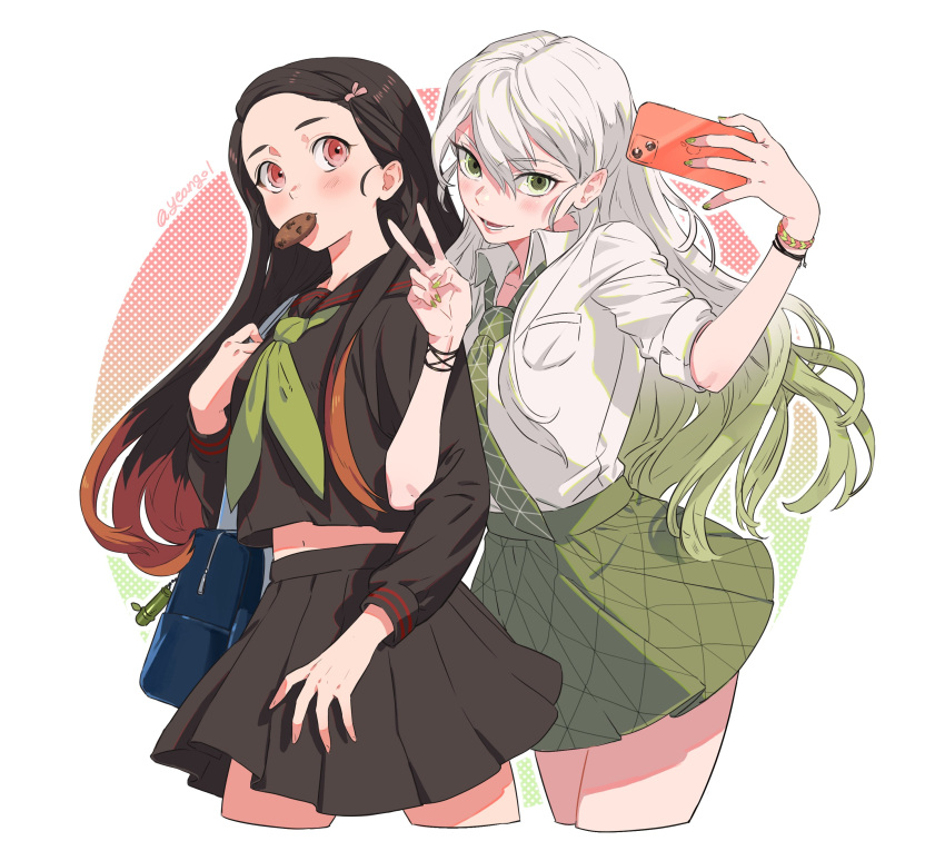 2girls absurdres bag bangs black_hair black_serafuku black_shirt black_skirt bracelet breast_pocket cellphone chocolate_chip_cookie collared_shirt cookie cropped_legs daki_(kimetsu_no_yaiba) dress_shirt food forehead green_eyes green_hair green_nails green_neckerchief green_necktie green_skirt hair_behind_ear hair_between_eyes hair_ribbon hand_up hands_up highres holding holding_phone holding_strap jewelry kamado_nezuko kimetsu_gakuen kimetsu_no_yaiba long_sleeves looking_at_viewer midriff miniskirt mouth_hold multicolored_hair multiple_girls neckerchief necktie orange_hair outstretched_arm phone pink_ribbon pleated_skirt pocket red_eyes ribbon school_bag school_uniform selfie serafuku shirt skirt skirt_set sleeves_folded_up smile streaked_hair taking_picture twitter_username two-tone_hair white_background white_hair white_shirt yeangol