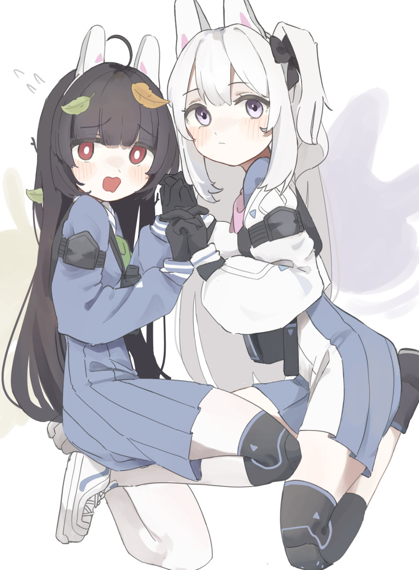 2girls absurdres ahoge animal_ears black_bow black_gloves black_hair blue_archive blue_skirt blush boku_2020 bow eyebrows_visible_through_hair fake_animal_ears flying_sweatdrops from_side full_body gloves hair_bow hands_up highres holding_hands interlocked_fingers knee_pads leaf long_hair long_sleeves looking_at_viewer miyako_(blue_archive) miyu_(blue_archive) multiple_girls one_side_up open_mouth pantyhose pleated_skirt rabbit_ears red_eyes school_uniform shoes simple_background skirt sneakers tactical_clothes two-tone_skirt violet_eyes wavy_mouth white_background white_footwear white_hair white_legwear white_skirt