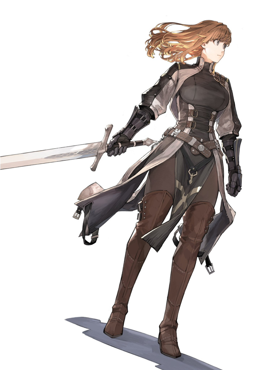 1girl belt boots breasts brown_hair full_body gauntlets gloves highres holding holding_sword holding_weapon jacket jun_(seojh1029) long_sword longsword_(seojh1029) medium_hair original shiny solo sword symbol-only_commentary thigh-highs thigh_boots weapon white_background