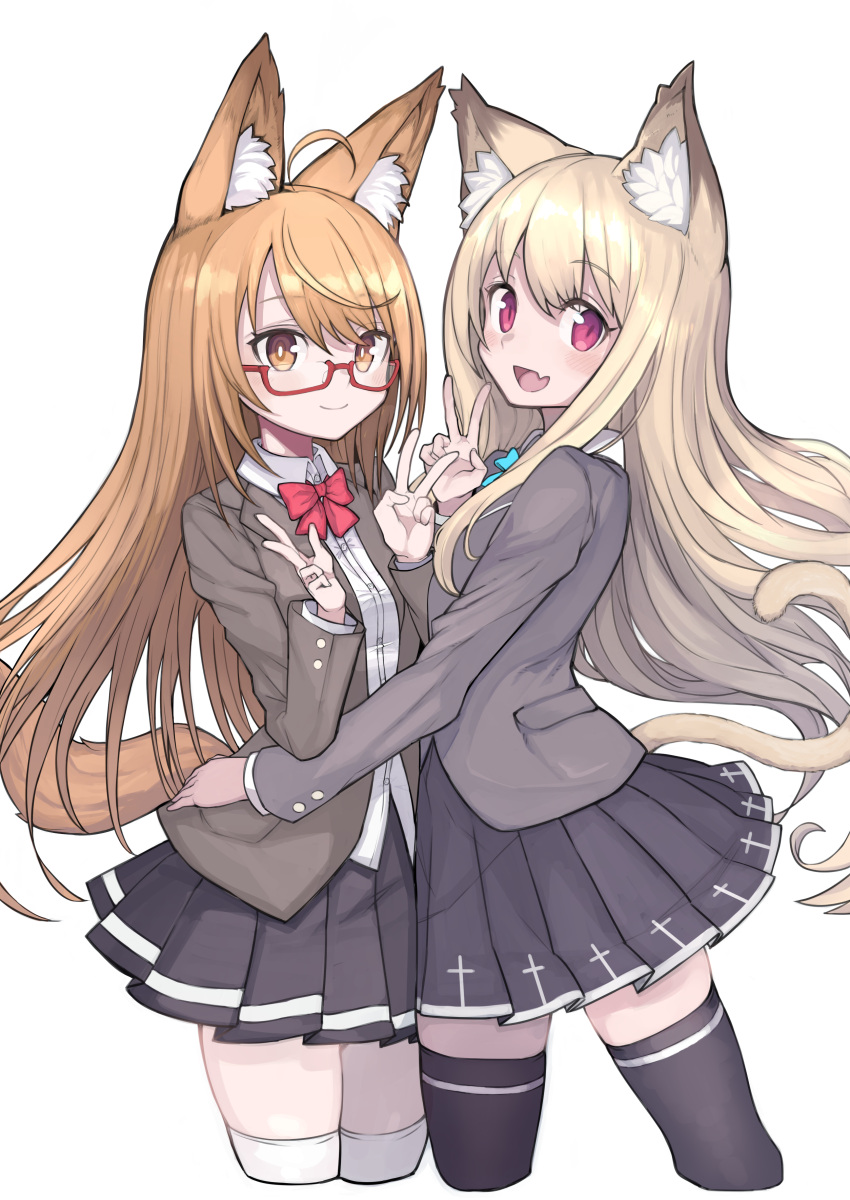 2girls absurdres animal_ear_fluff animal_ears black_legwear blonde_hair breasts brown_eyes brown_hair brown_jacket cat_ears cat_girl cat_tail dog_ears dog_girl dog_tail dress_shirt glasses hand_on_another's_hip highres izayoi_cha jacket long_hair long_sleeves looking_at_viewer marika_(zeddaru) miniskirt multiple_girls original pleated_skirt red_eyes shirt simple_background skirt small_breasts smile tail thigh-highs v white_background white_legwear white_shirt zettai_ryouiki