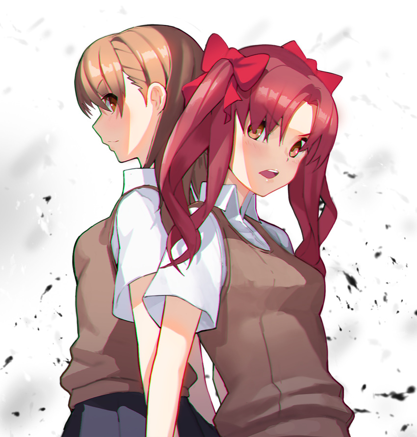 2girls absurdres back-to-back bangs bow breasts brown_eyes brown_hair brown_vest chromatic_aberration closed_mouth collared_shirt dress_shirt grey_skirt hair_between_eyes hair_bow highres long_hair medium_hair migu_(iws2525) misaka_mikoto multiple_girls open_mouth pleated_skirt red_bow redhead school_uniform shiny shiny_hair shirai_kuroko shirt skirt small_breasts smile toaru_kagaku_no_railgun toaru_majutsu_no_index tokiwadai_school_uniform twintails v-shaped_eyebrows vest white_background white_shirt wing_collar