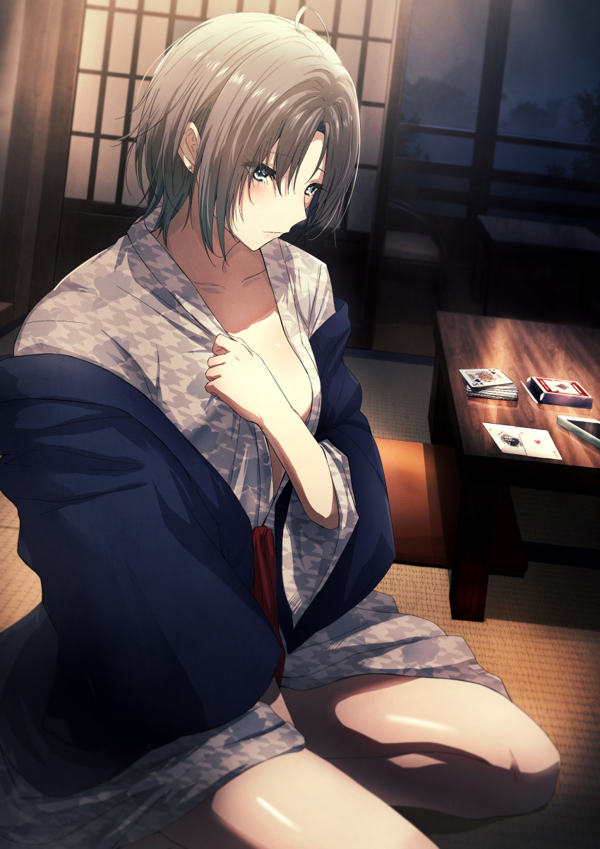 1girl absurdres ace_of_hearts ace_of_spades ahoge asakura_toru bangs blue_eyes card closed_mouth commentary_request eyebrows_visible_through_hair grey_hair grey_kimono hair_between_eyes heart highres houndstooth idolmaster idolmaster_shiny_colors indoors japanese_clothes kimono misaki_nonaka night on_floor parted_bangs playing_card print_kimono ryokan simple_background solo spade_(shape) table tatami
