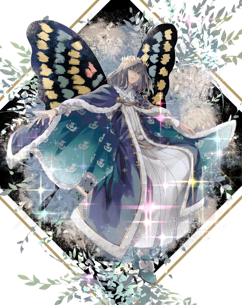 1boy :| absurdres arthropod_boy bangs blue_cape blue_eyes blue_footwear bug butterfly butterfly_wings cape cloak closed_mouth commentary_request crown diamond_hairband expressionless fate/grand_order fate_(series) full_body fur-trimmed_cape fur-trimmed_cloak fur_trim gold_trim grey_hair highres insect_wings long_sleeves looking_at_viewer male_focus medium_hair oberon_(fate) outstretched_hand shadow solo sparkle tassel u_5ham0 white_fur white_hair wings