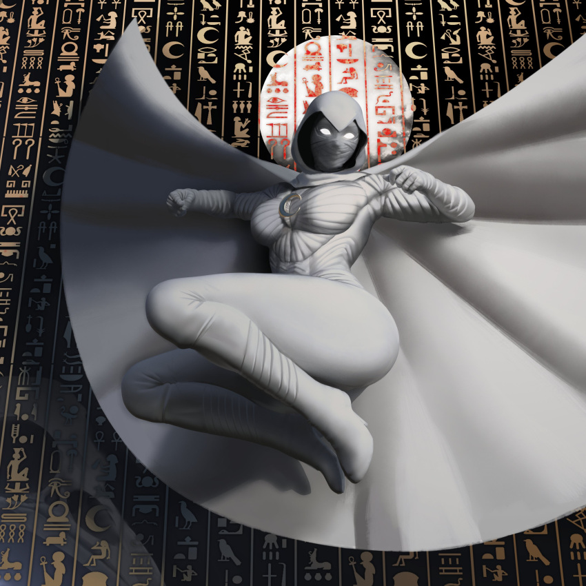 1girl absurdres bodysuit boots breasts cape egyptian flying full_moon genderswap genderswap_(mtf) glowing glowing_eyes hieroglyphics hieroglyphs high_heels highres hood jewelry legs_up long_hair looking_at_viewer marvel marvel_cinematic_universe mask moon moon_knight moon_knight_(disney+) necklace popogori short_hair solo spread_legs superhero symbol-only_commentary thigh-highs thighs white_bodysuit white_cape white_eyes