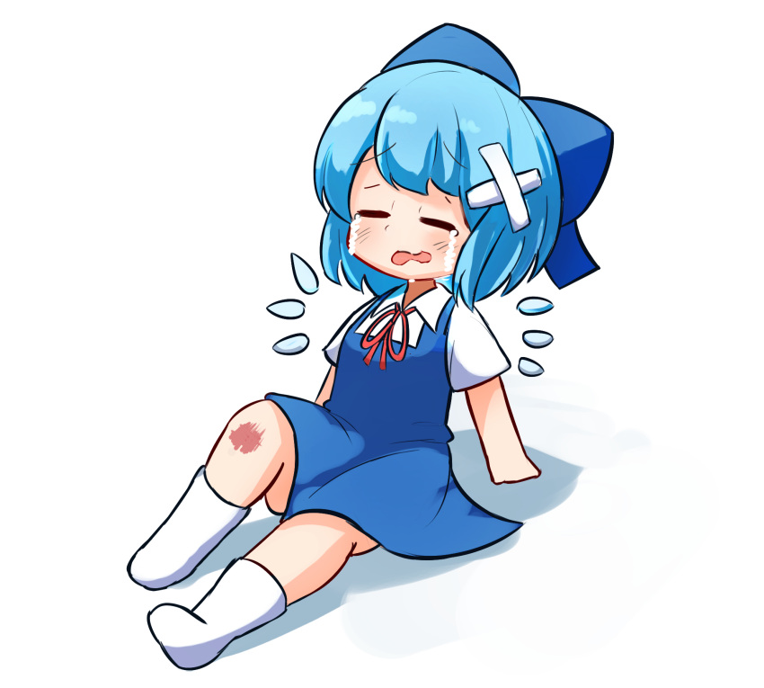 1girl blue_dress blue_hair blush bow cirno closed_eyes crossed_bandaids crying dress eyebrows_visible_through_hair ferdy's_lab flying_sweatdrops full_body hair_bow highres ice ice_wings injury knee_up leaning_back open_mouth scraped_knee shirt short_hair short_sleeves sitting solo streaming_tears tears touhou white_legwear wings