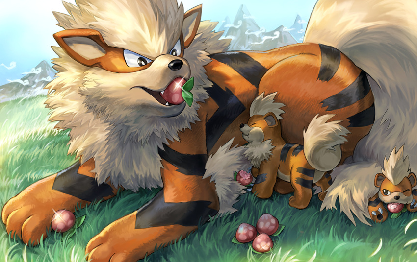 arcanine berry_(pokemon) black_eyes day grass growlithe level-00 mountainous_horizon no_humans one_eye_closed outdoors pecha_berry pokemon pokemon_(creature)